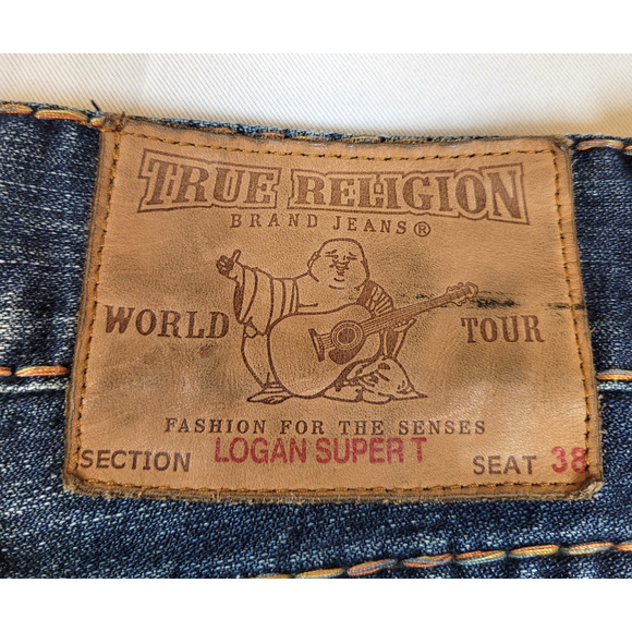 TRUE RELIGION LOGAN SUPER T Flap Y2K Men's Jeans 38X31 Regular Fit Blue K12832 - Picture 2 of 16